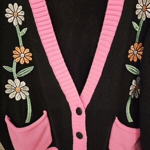 Embroidered Floral Black and Pink Cardigan